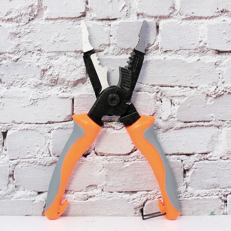 8-inch multifunctional electrician's pliers with orange PPR handle and tool steel duckbill head for wire stripping