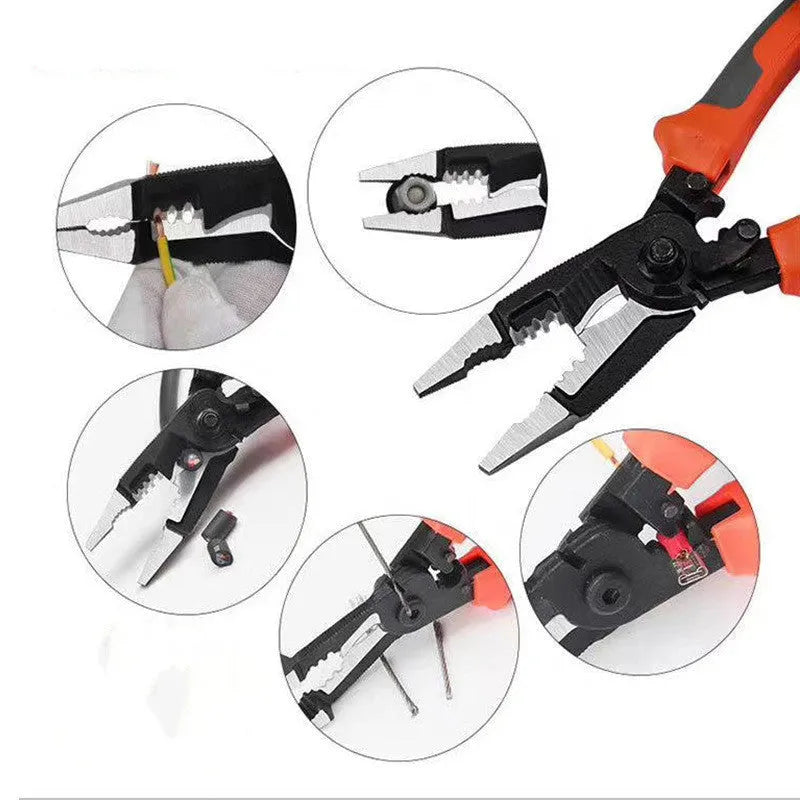 8-inch multifunctional electrician's pliers with orange PPR handle and tool steel duckbill head for wire stripping