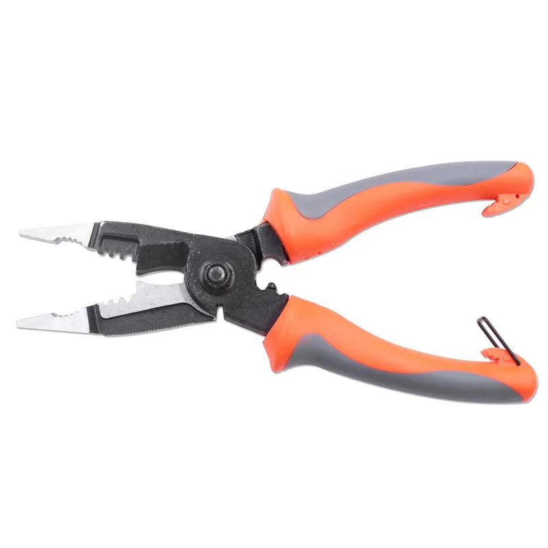 8-inch multifunctional electrician's pliers with orange PPR handle and tool steel duckbill head for wire stripping