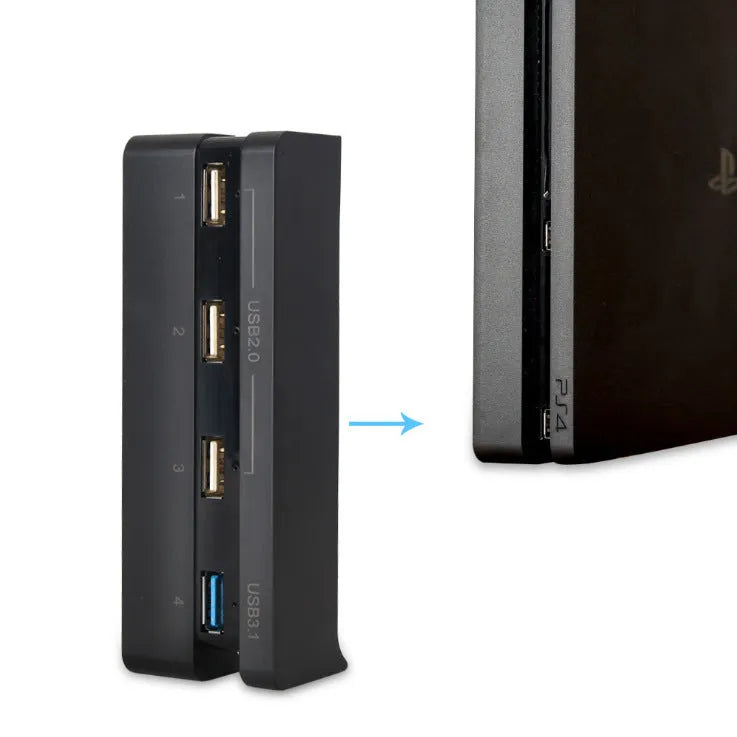 Black PS4 Slim USB extender hub supporting USB 2.0 and 3.0 interfaces
