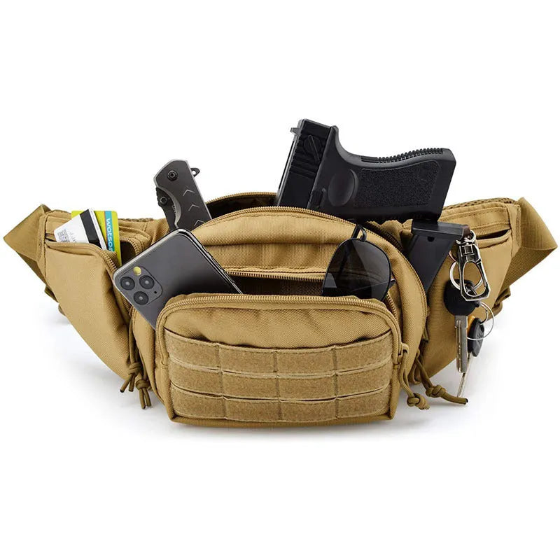 Men's tactical multifunctional waist bag in black and khaki colours for outdoor storage