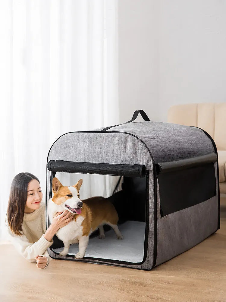 Grey portable cylinder dog cage house pet carrier with mesh windows and roll-up sunshade