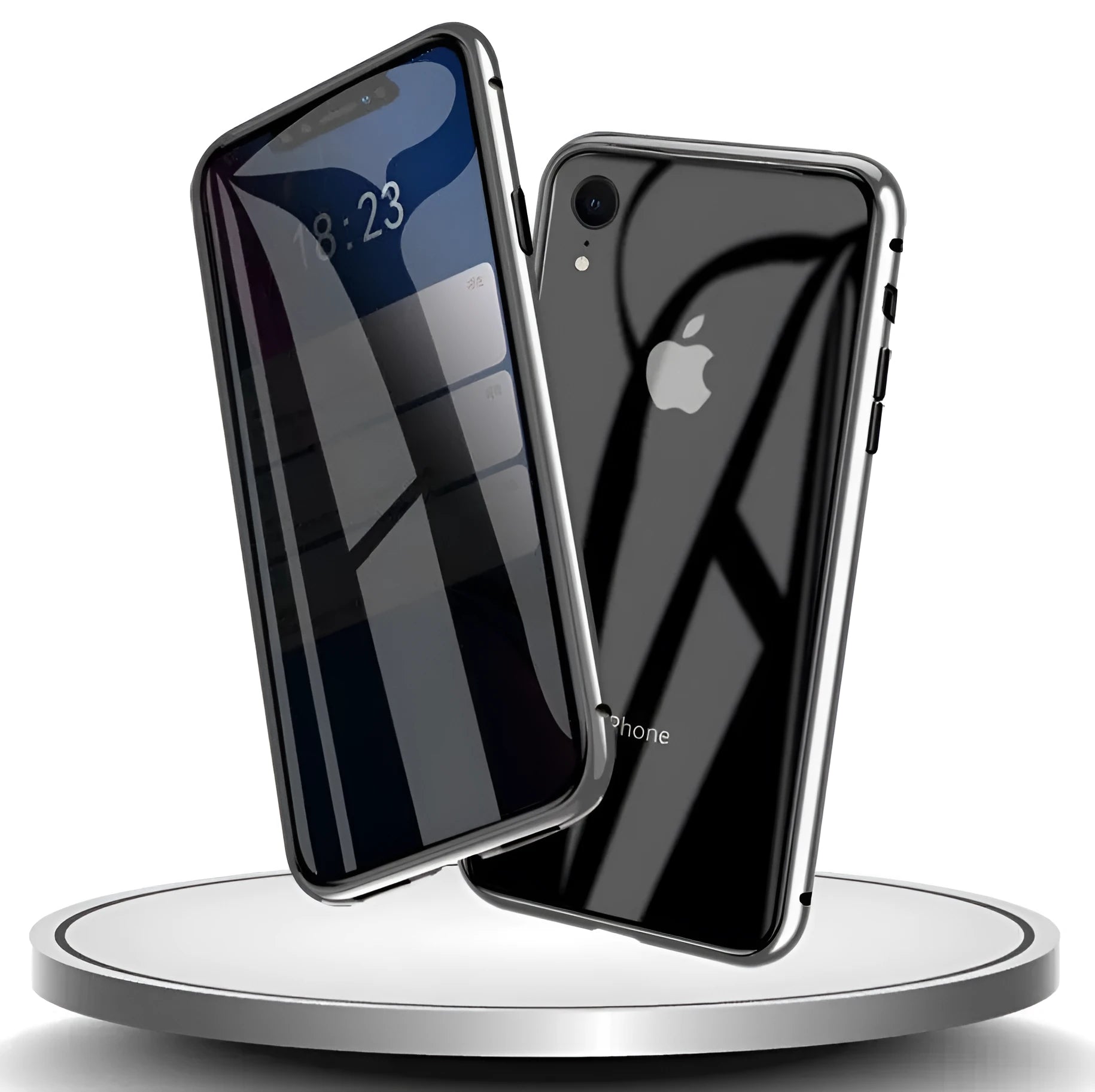 Glass anti-spy clamshell phone case in six colours for various iPhone models.