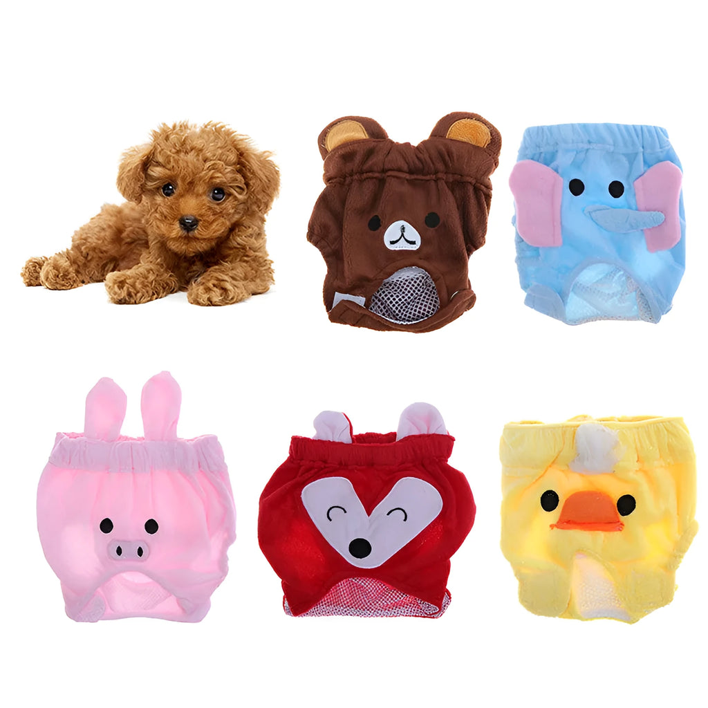 Reusable dog diaper belly band with cotton flannel and mesh, cartoon bear print, available in blue, for small dogs