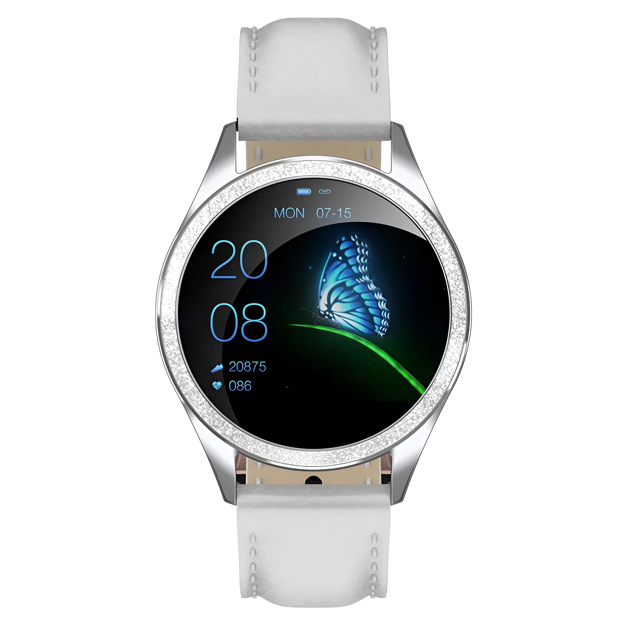 Women's smart bracelet watch with IP68 waterproof rating, stainless steel band, and 1.04-inch glass screen displaying dynamic dial
