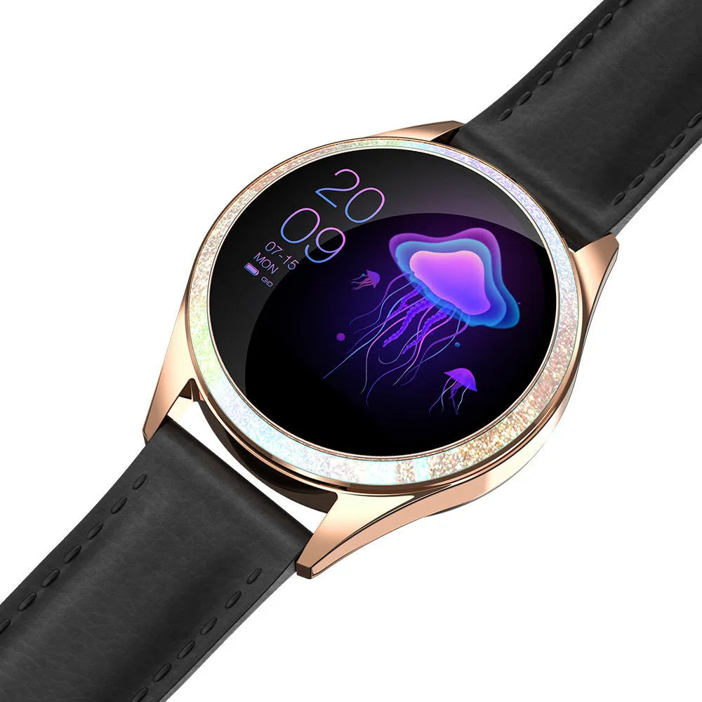 Women's smart bracelet watch with IP68 waterproof rating, stainless steel band, and 1.04-inch glass screen displaying dynamic dial