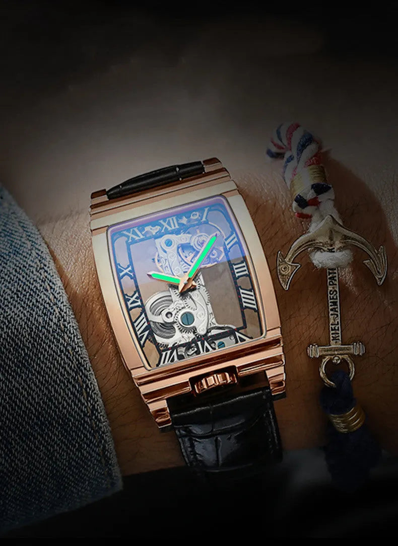 Daystar square dial manual mechanical watch with stainless steel case on a leather strap.