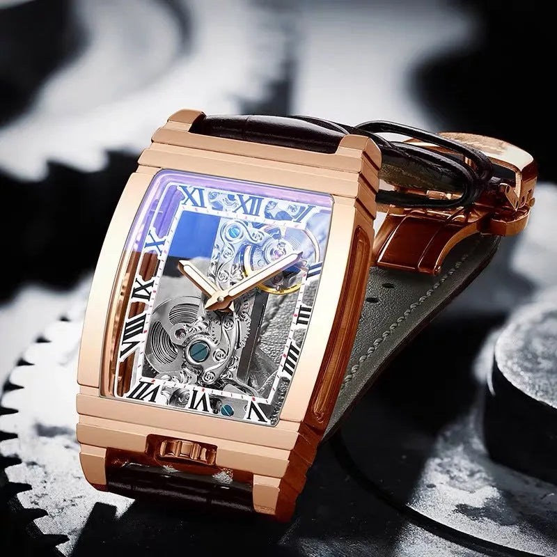 Daystar square dial manual mechanical watch with stainless steel case on a leather strap.