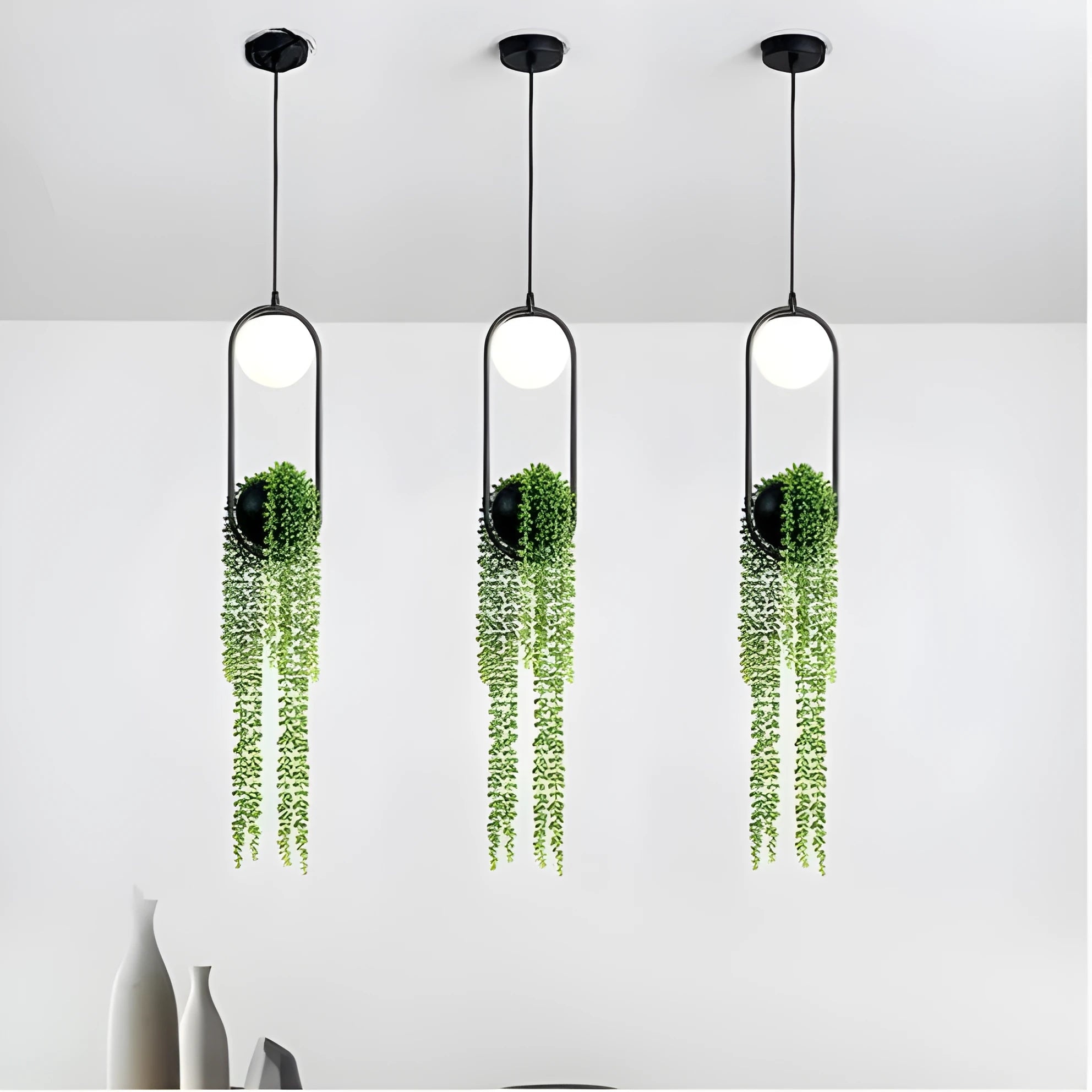Creative iron flower pot fishing line chandelier with integrated LED light and plant insert