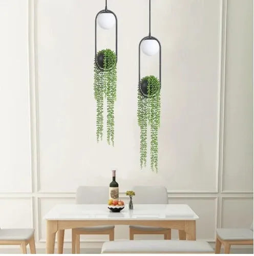 Creative iron flower pot fishing line chandelier with integrated LED light and plant insert