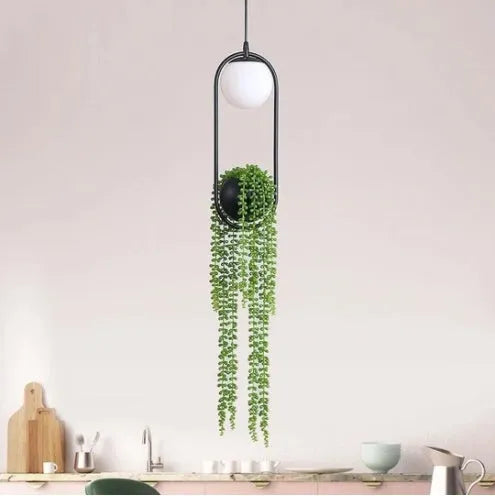 Creative iron flower pot fishing line chandelier with integrated LED light and plant insert