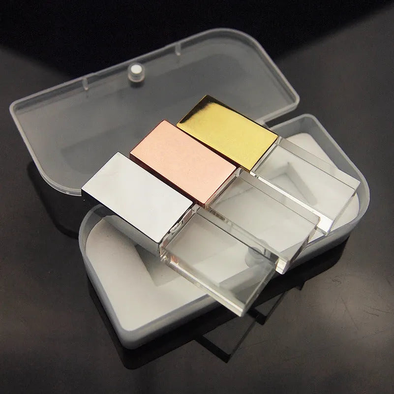 Crystal USB flash drive with transparent glass and stainless steel shell, gold colour, USB 2.0 connector visible