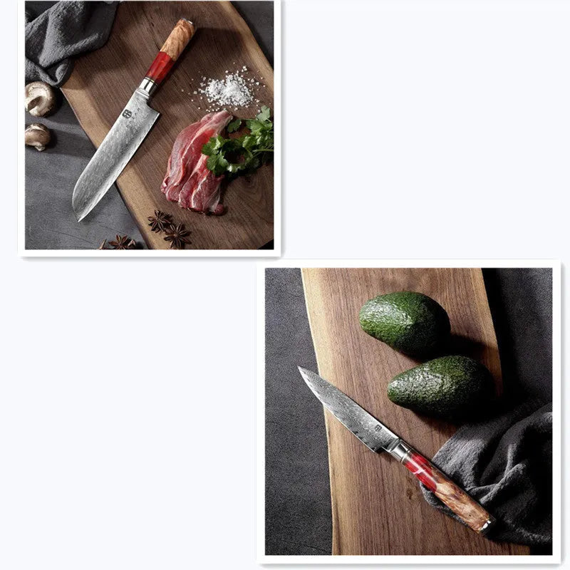 Damascus chef's knife with unique epoxy resin handle and Three German steel blade on cutting board