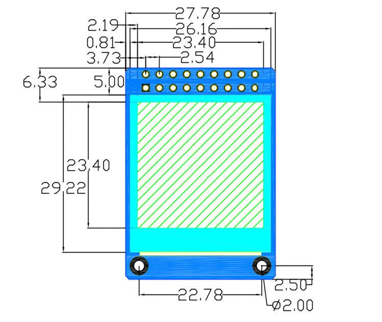 1.3 inch square IPS LCD colour display module with 240x240 resolution on a green PCB