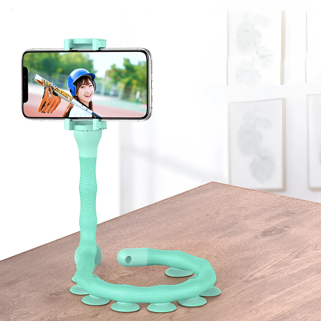 Black flexible worm arm phone holder with suction cup extended, showing 360-degree rotating bracket.
