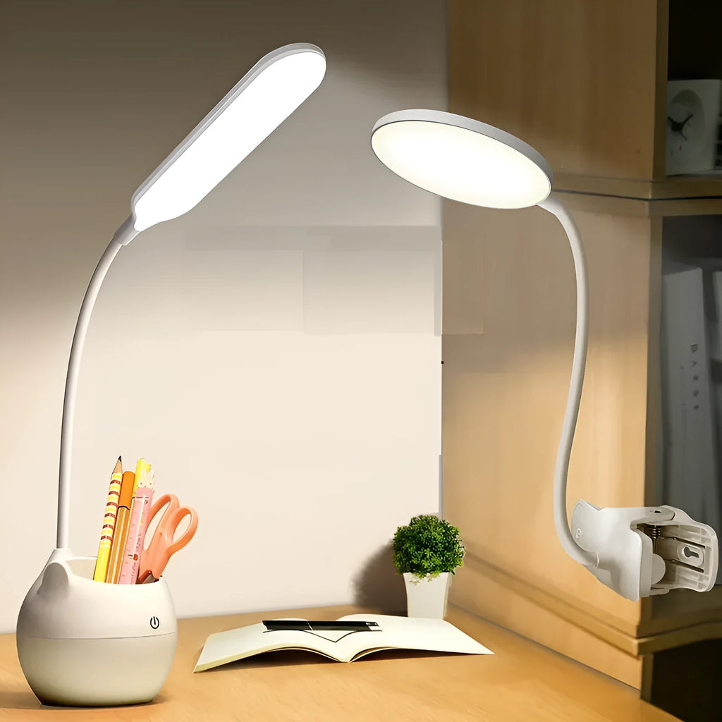 LED rechargeable clip desk lamp with pen holder and three brightness levels