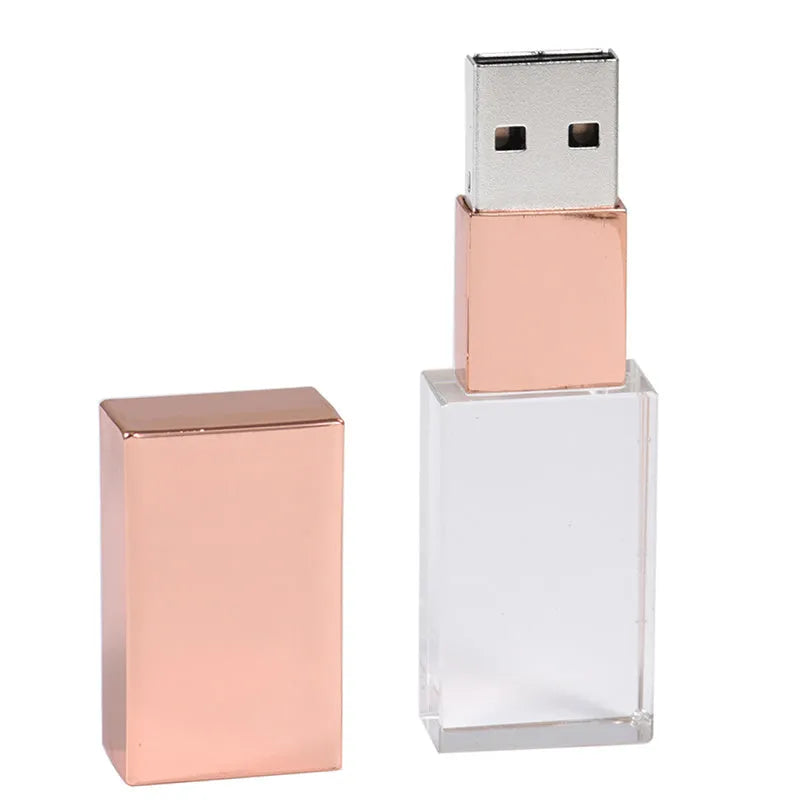 Crystal USB flash drive with transparent glass and stainless steel shell, gold colour, USB 2.0 connector visible