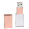 Crystal USB flash drive with transparent glass and stainless steel shell, gold colour, USB 2.0 connector visible