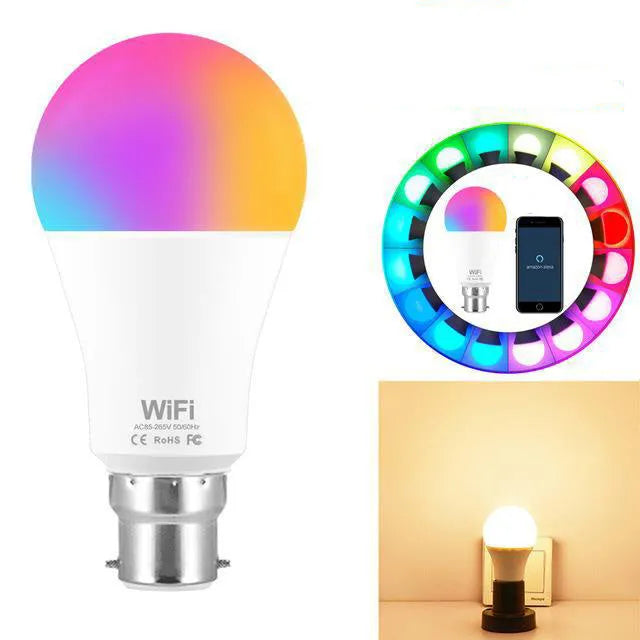 15W smart LED bulb with RGB colour changing and dimmable white light for E27 and B22 fittings