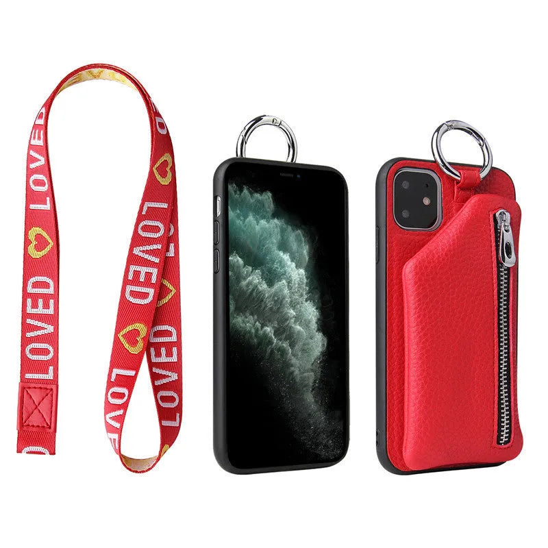 Imitation leather crossbody lanyard phone case with integrated coin purse wallet in various colours