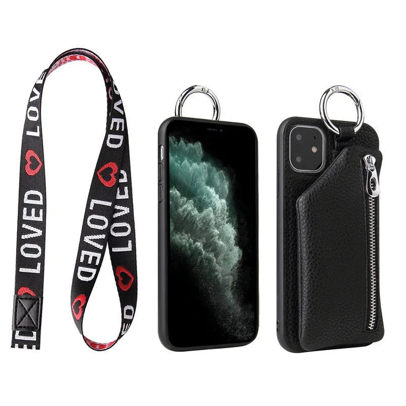 Imitation leather crossbody lanyard phone case with integrated coin purse wallet in various colours