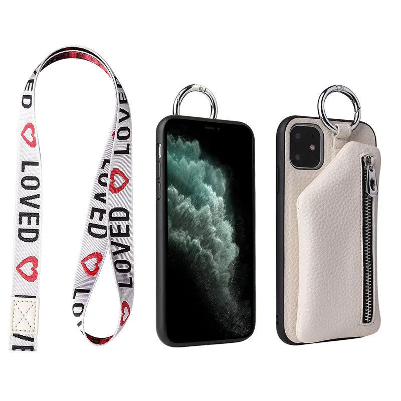 Imitation leather crossbody lanyard phone case with integrated coin purse wallet in various colours