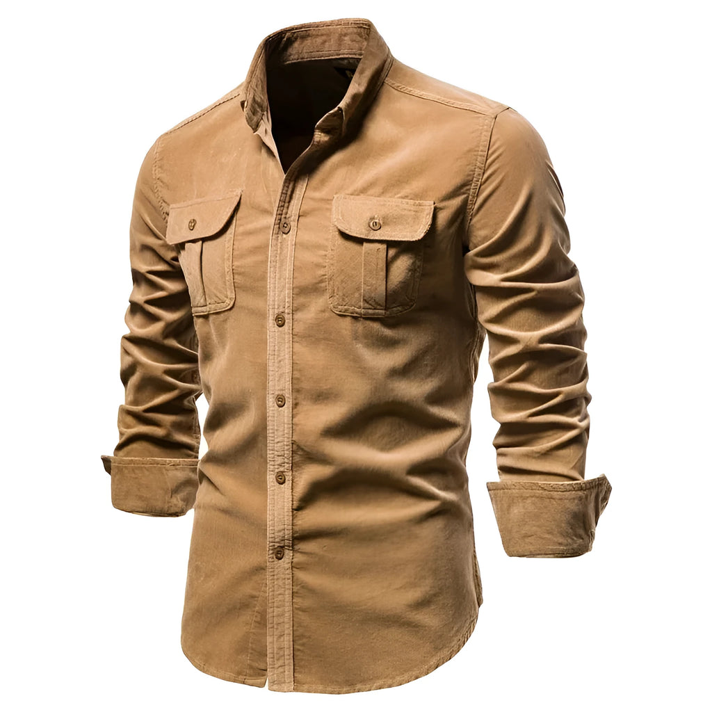 Men's long sleeve linen shirt in denim blue on a hanger, showing button front and casual style.