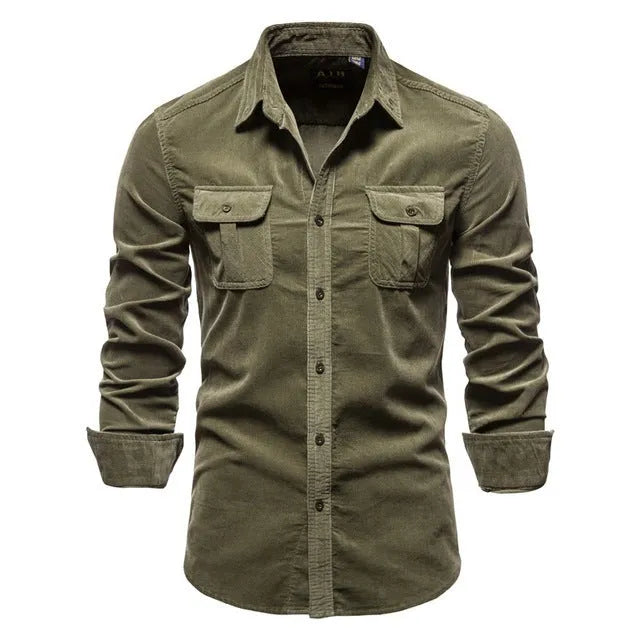 Men's long sleeve linen shirt in denim blue on a hanger, showing button front and casual style.