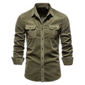Men's long sleeve linen shirt in denim blue on a hanger, showing button front and casual style.