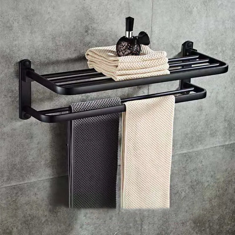 Double-layer folding towel rack in anodised aluminium, 60cm width with hook, light luxury finish