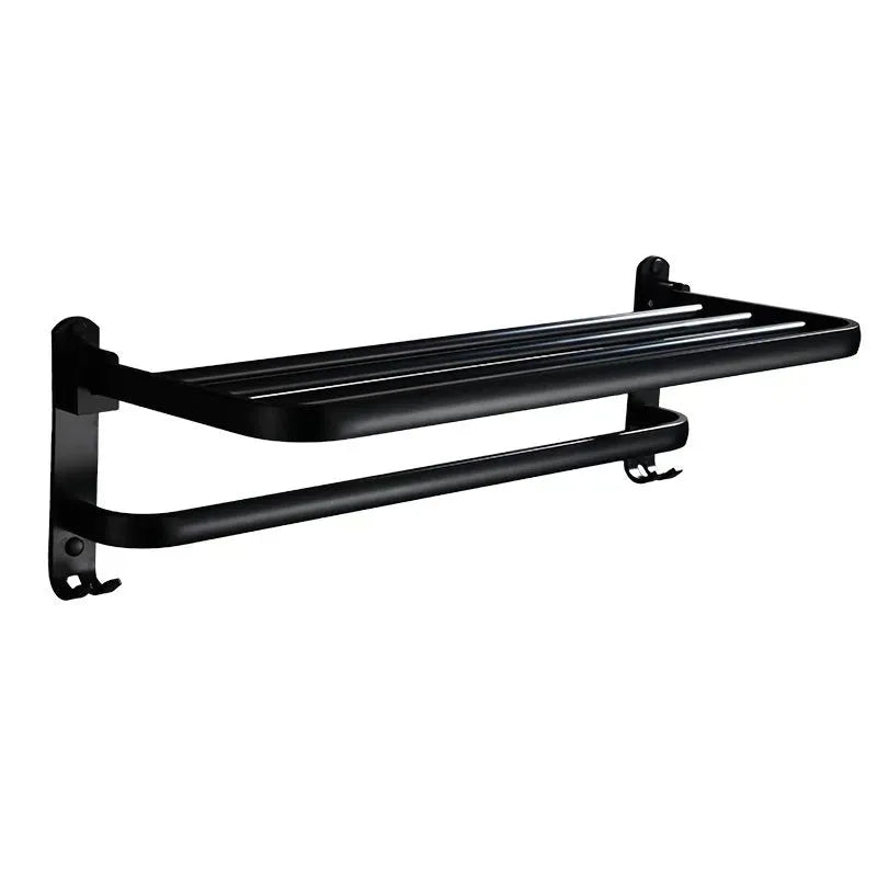 Double-layer folding towel rack in anodised aluminium, 60cm width with hook, light luxury finish