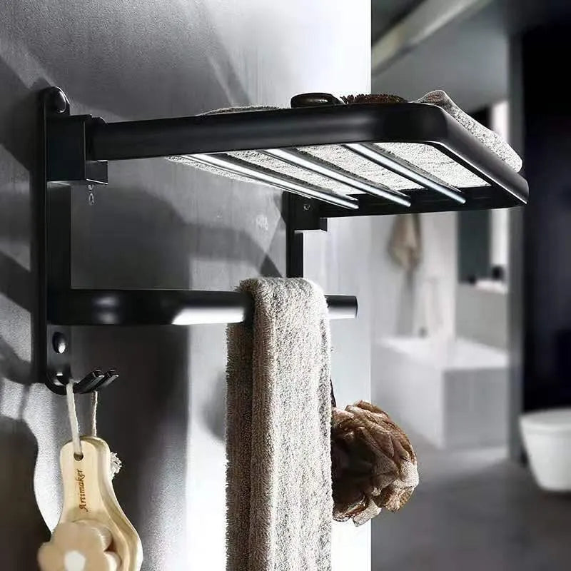 Double-layer folding towel rack in anodised aluminium, 60cm width with hook, light luxury finish