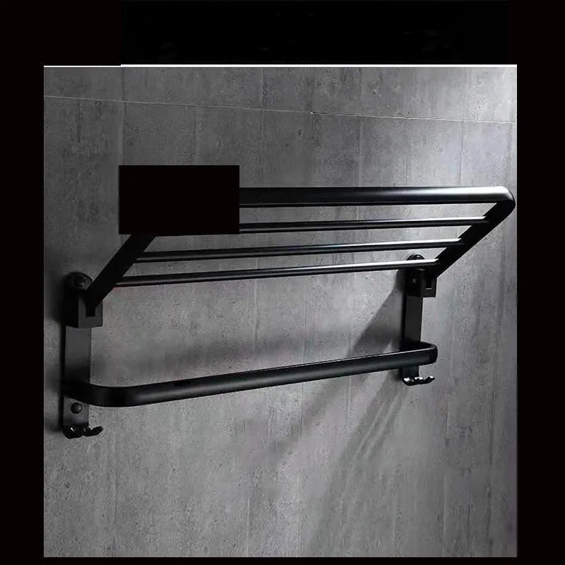 Double-layer folding towel rack in anodised aluminium, 60cm width with hook, light luxury finish
