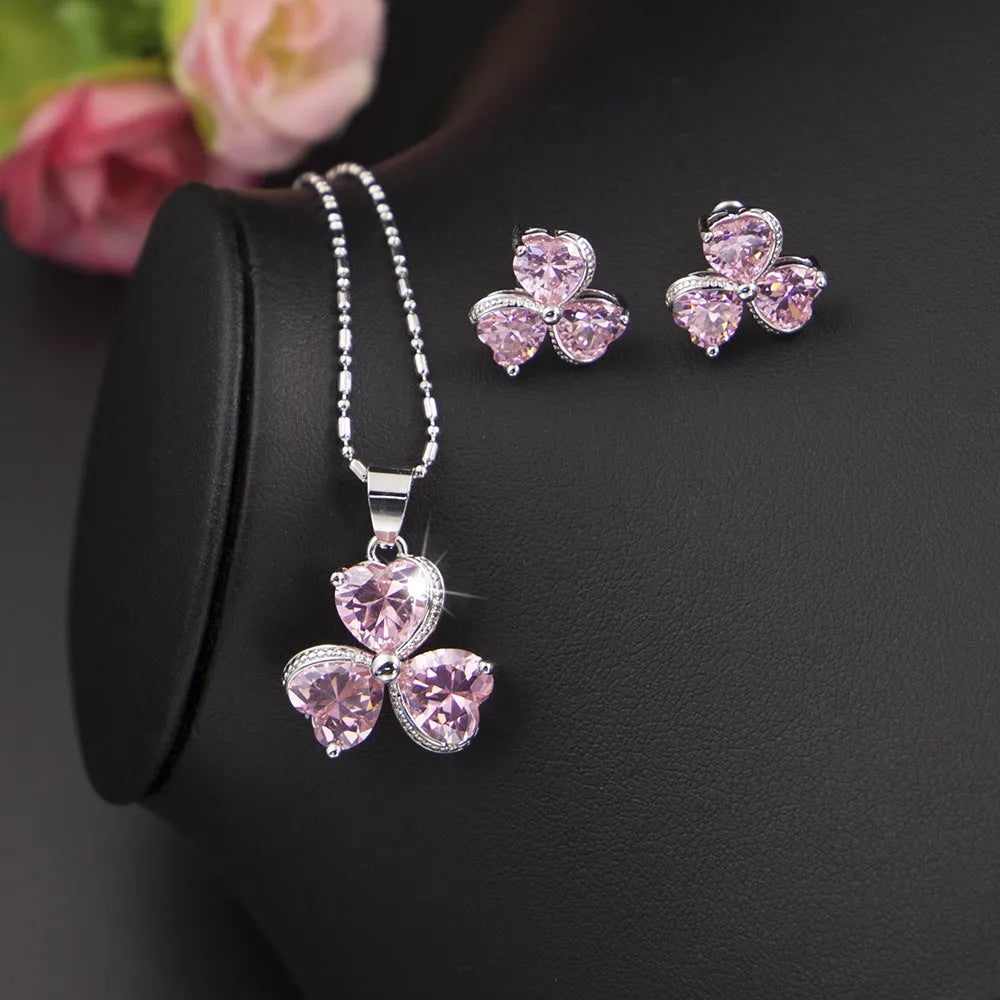 Clover zircon jewellery set for women in pink - earrings, pendant, and hand decorations with snake bone chain