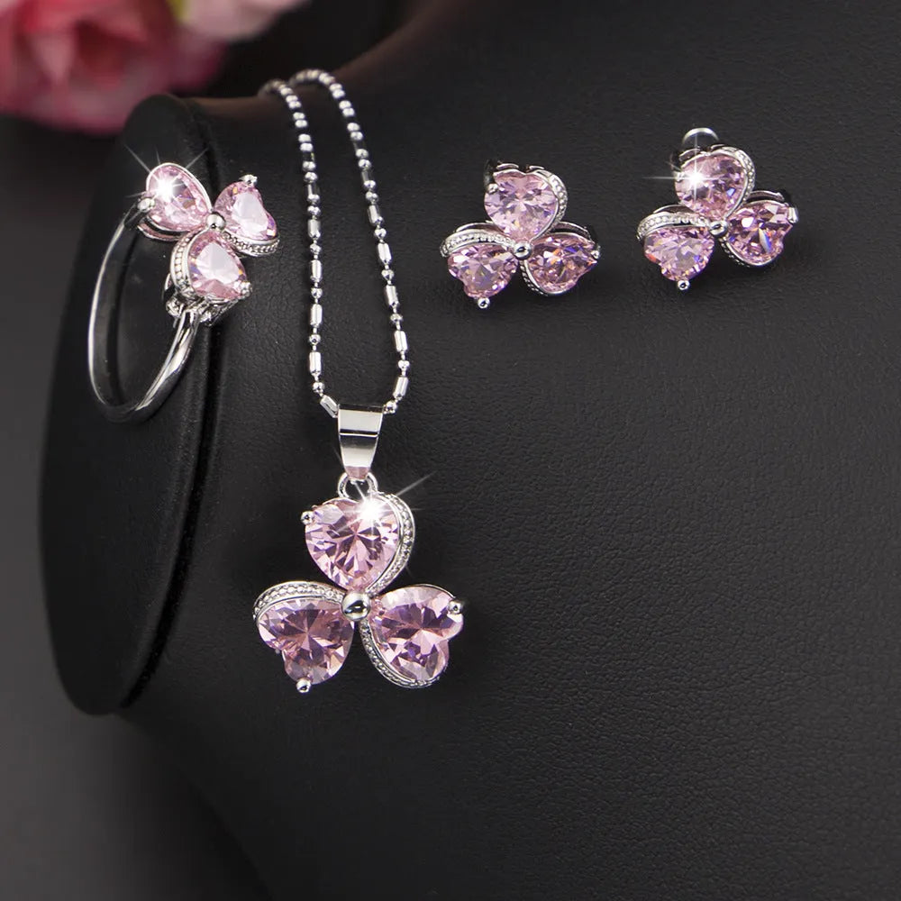 Clover zircon jewellery set for women in pink - earrings, pendant, and hand decorations with snake bone chain