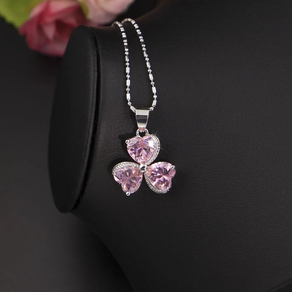 Clover zircon jewellery set for women in pink - earrings, pendant, and hand decorations with snake bone chain