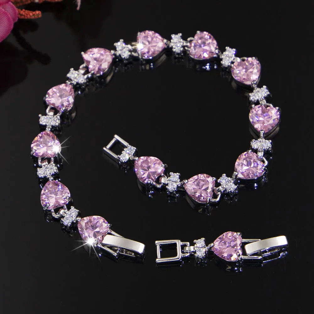 Clover zircon jewellery set for women in pink - earrings, pendant, and hand decorations with snake bone chain