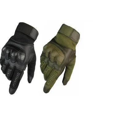 Off-road tactical gloves with black rubber knuckle guard and Velcro wrist strap on a white background