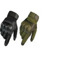 Off-road tactical gloves with black rubber knuckle guard and Velcro wrist strap on a white background