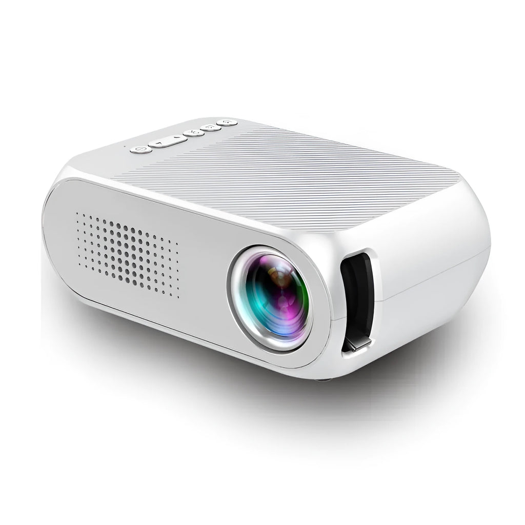 Mini portable projector in black with LED lens and 20-80 inch projection capability