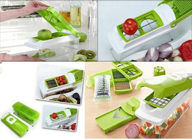 Green multifunctional vegetable chopper with handle, grater, and stainless steel blades on a chopping board