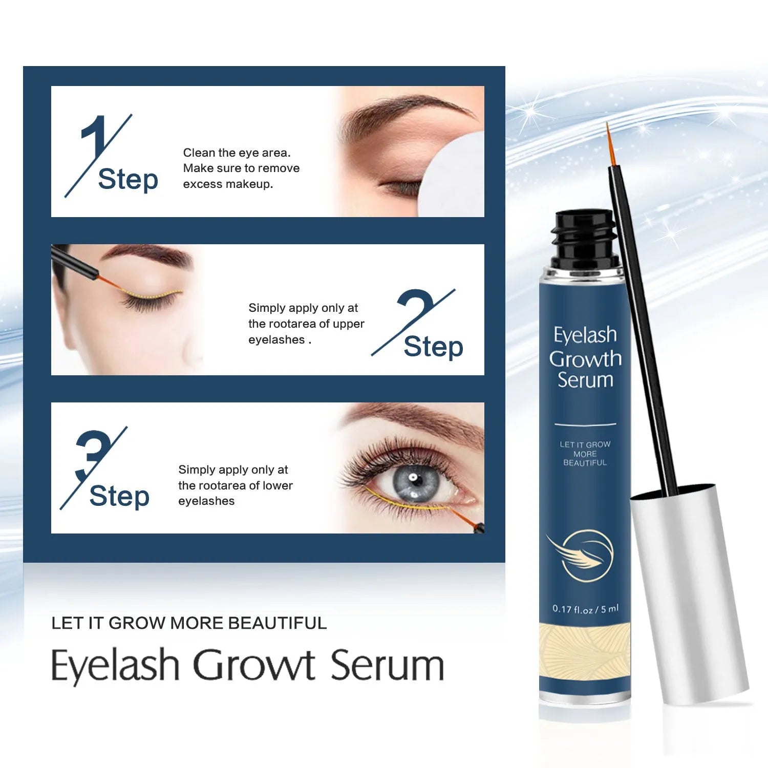 Clear eyebrow mascara tube with 5ml for thick curly brows, available in black and blue options