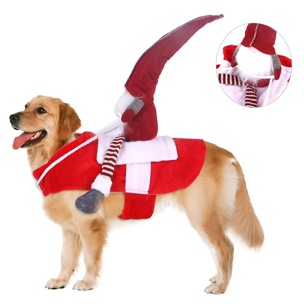Red flannel pet Christmas riding transformation costume with Velcro fastening on a dog