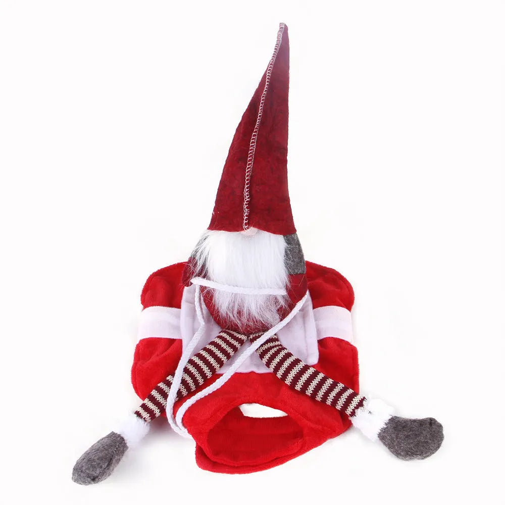 Red flannel pet Christmas riding transformation costume with Velcro fastening on a dog