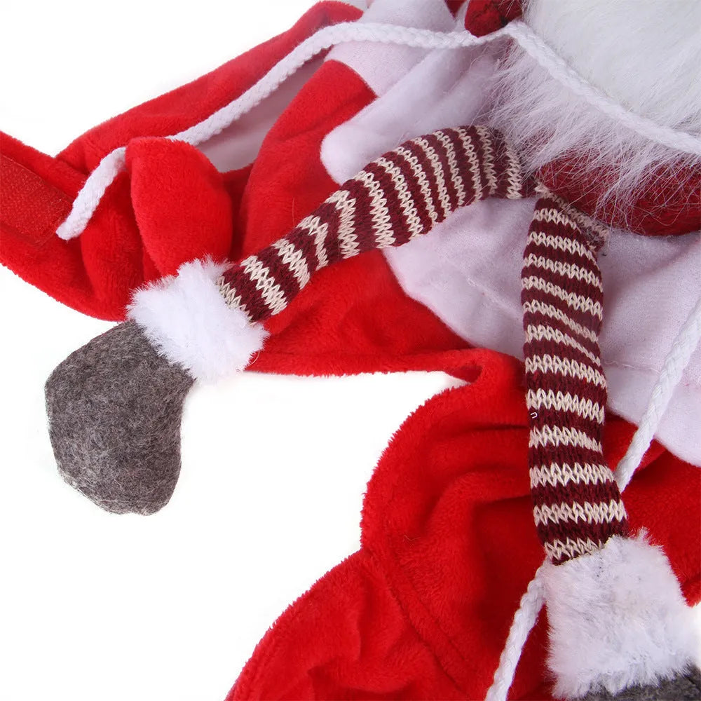 Red flannel pet Christmas riding transformation costume with Velcro fastening on a dog