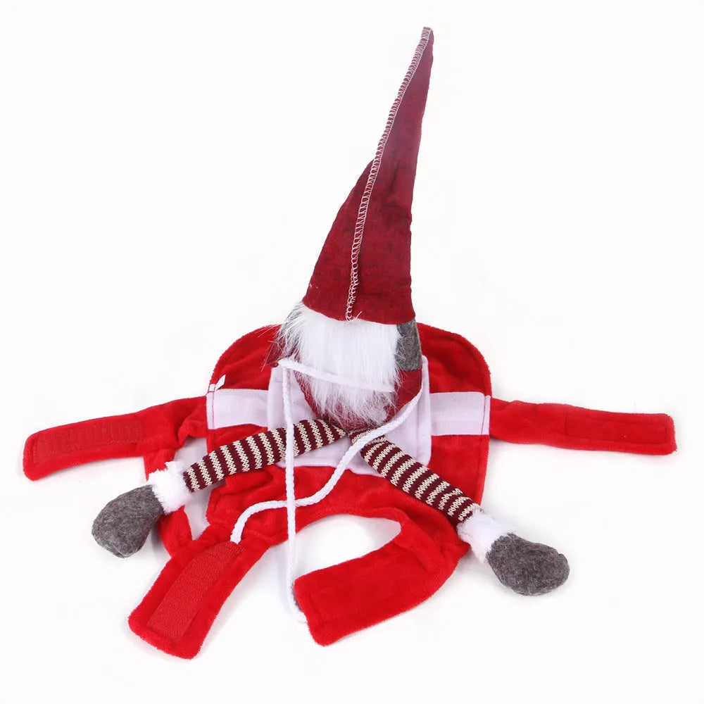 Red flannel pet Christmas riding transformation costume with Velcro fastening on a dog
