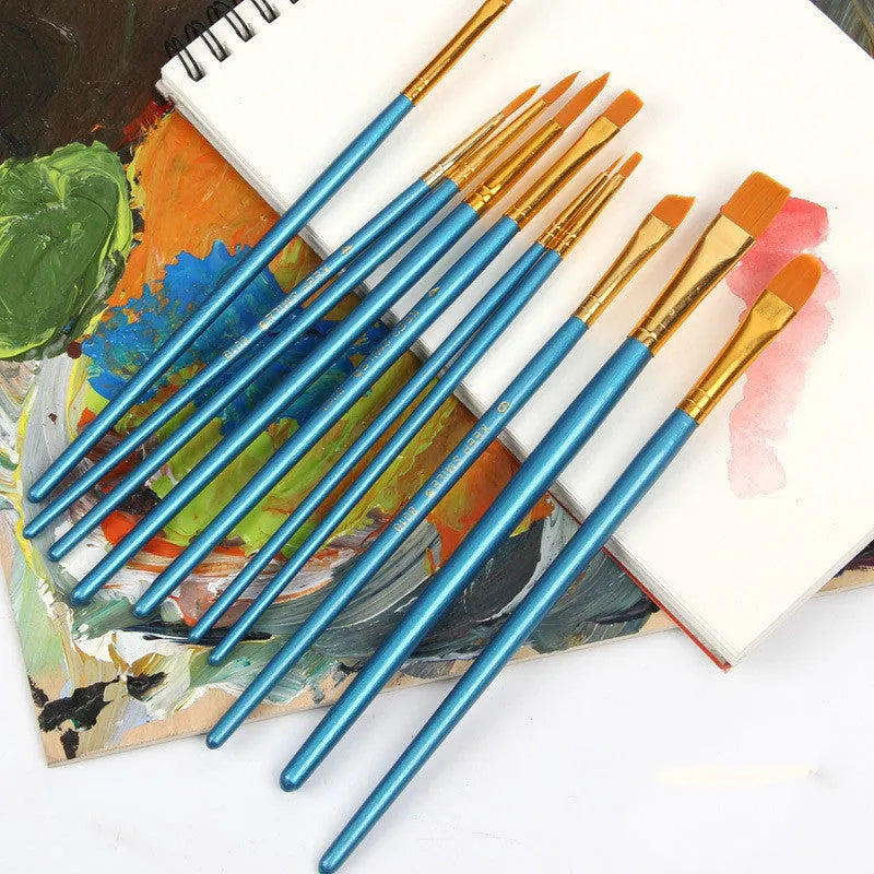 Blue wood handle gouache brush set with 10 round-head brushes arranged on white background