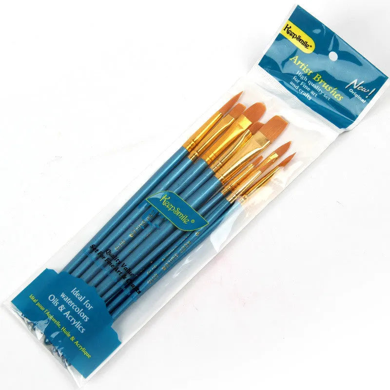 Blue wood handle gouache brush set with 10 round-head brushes arranged on white background