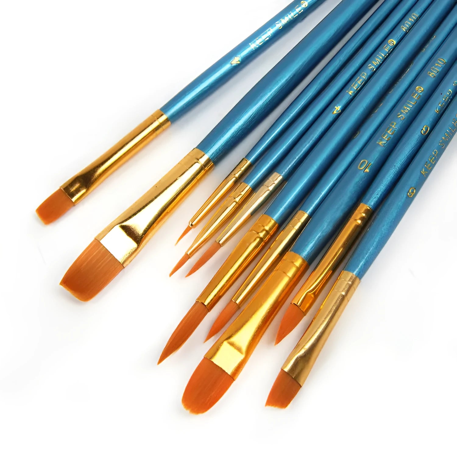 Blue wood handle gouache brush set with 10 round-head brushes arranged on white background