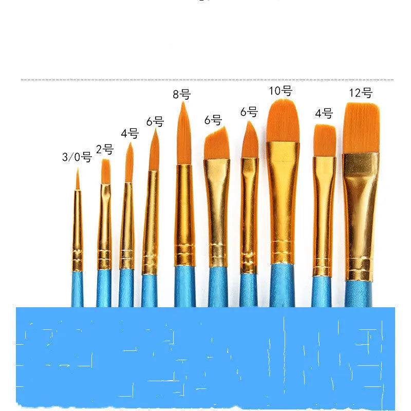 Blue wood handle gouache brush set with 10 round-head brushes arranged on white background